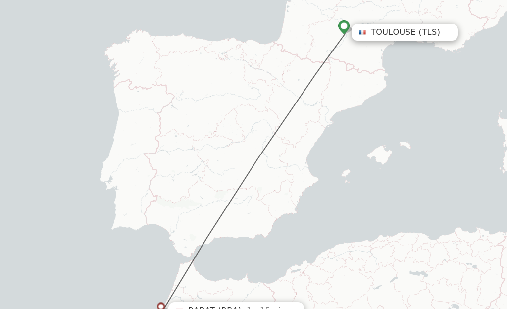 Flights from Toulouse to Rabat route map