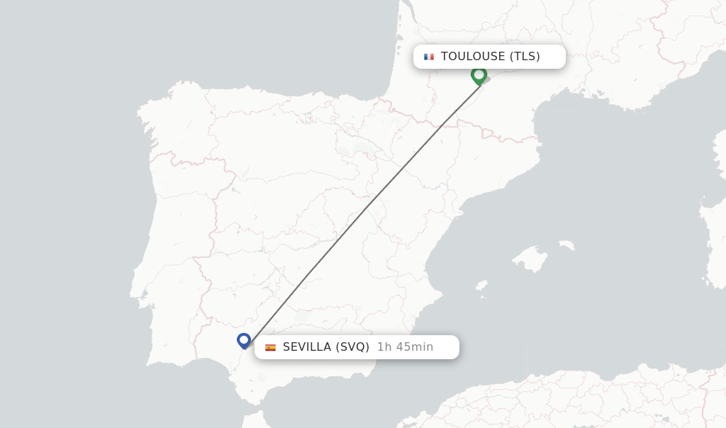 Flights from Toulouse to Sevilla route map