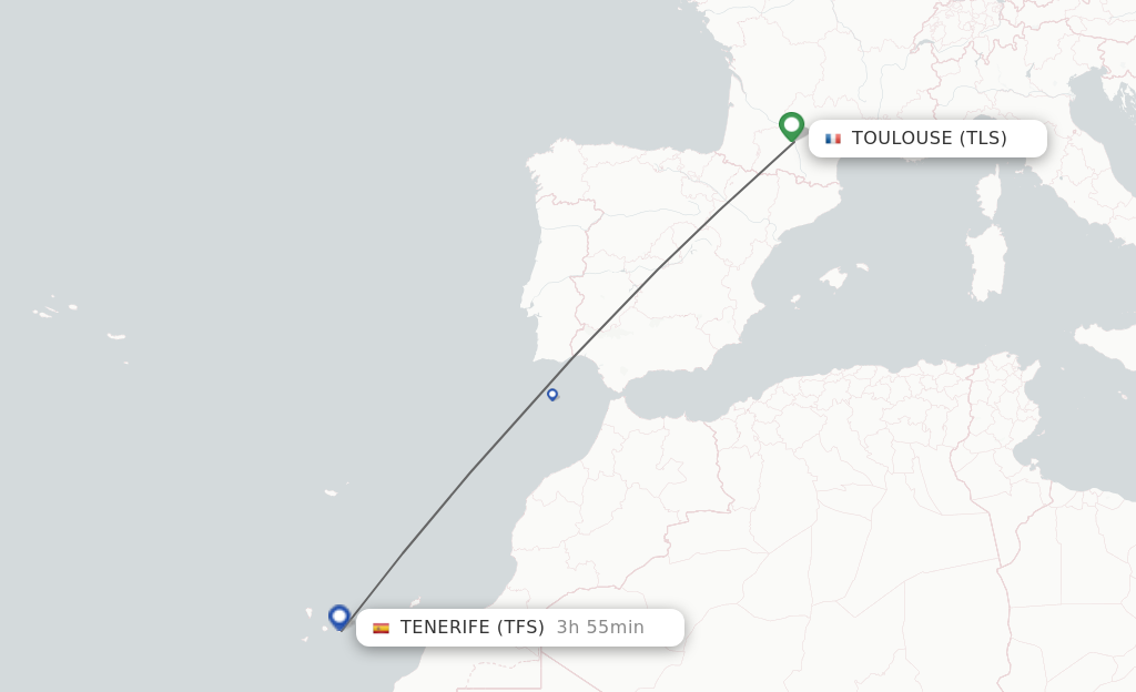 Flights from Toulouse to Tenerife route map