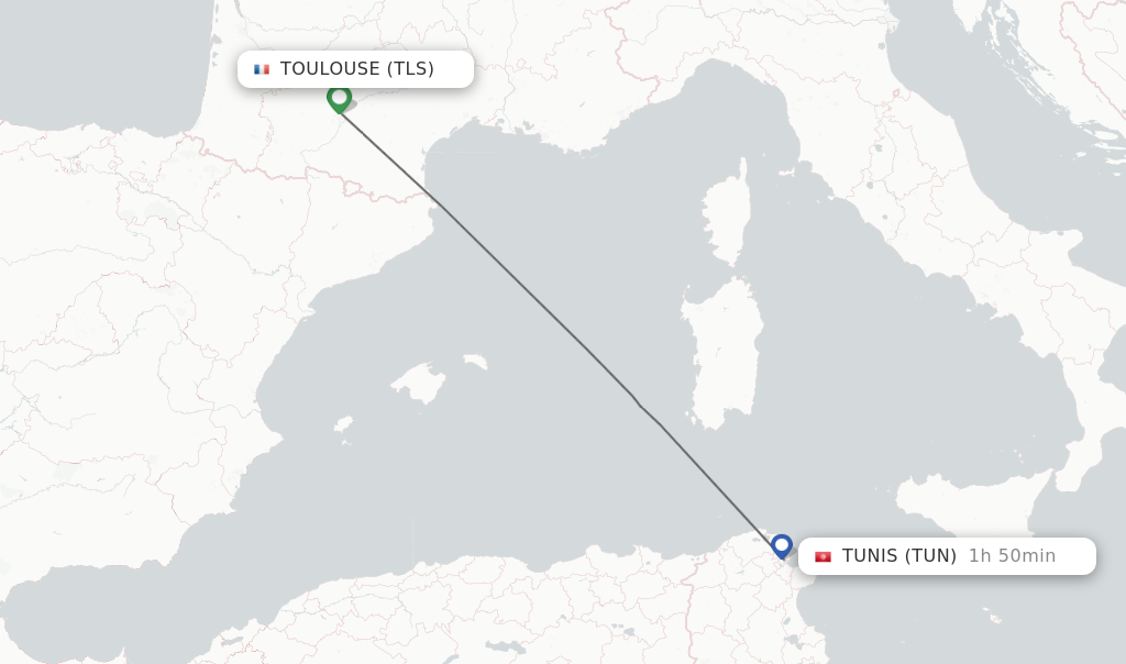Flights from Toulouse to Tunis route map