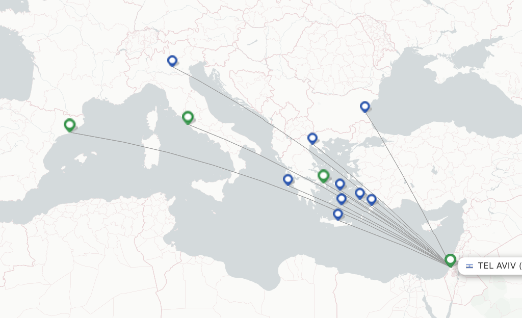 Route map with flights from Tel Aviv-Yafo with Blue Dart