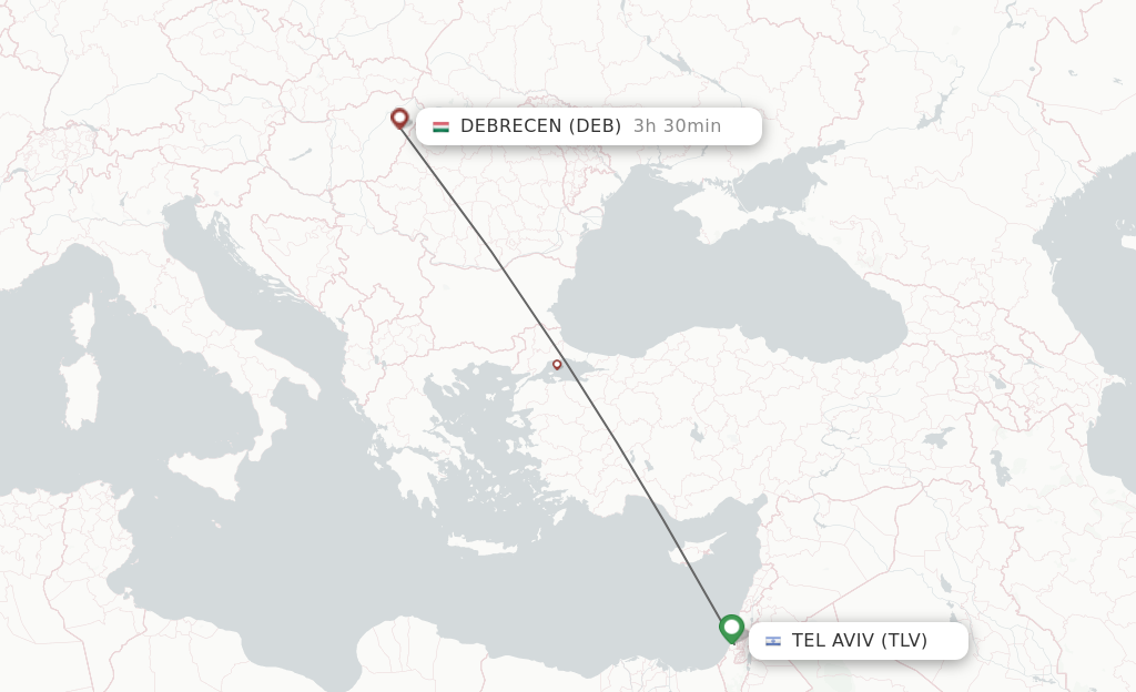 Flights from Tel Aviv-Yafo to Debrecen route map