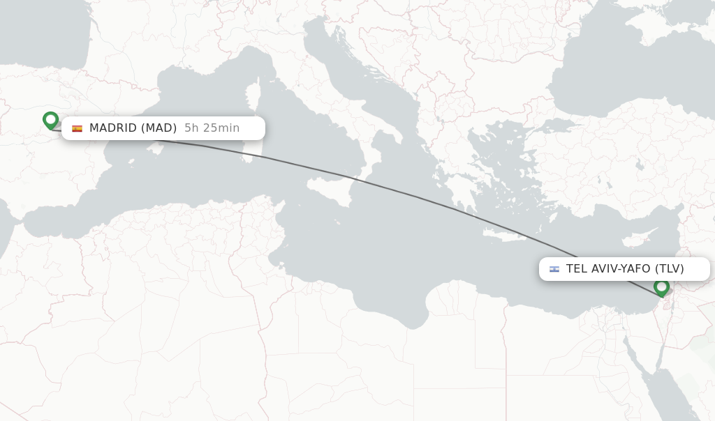 Flights from Tel Aviv-Yafo to Madrid route map