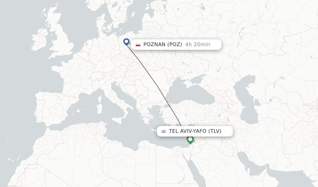 Flights from Tel Aviv-Yafo to Poznan route map
