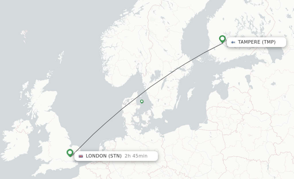 Flights from Tampere to London route map