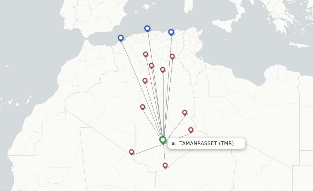 Route map with flights from Tamanrasset with Air Algerie