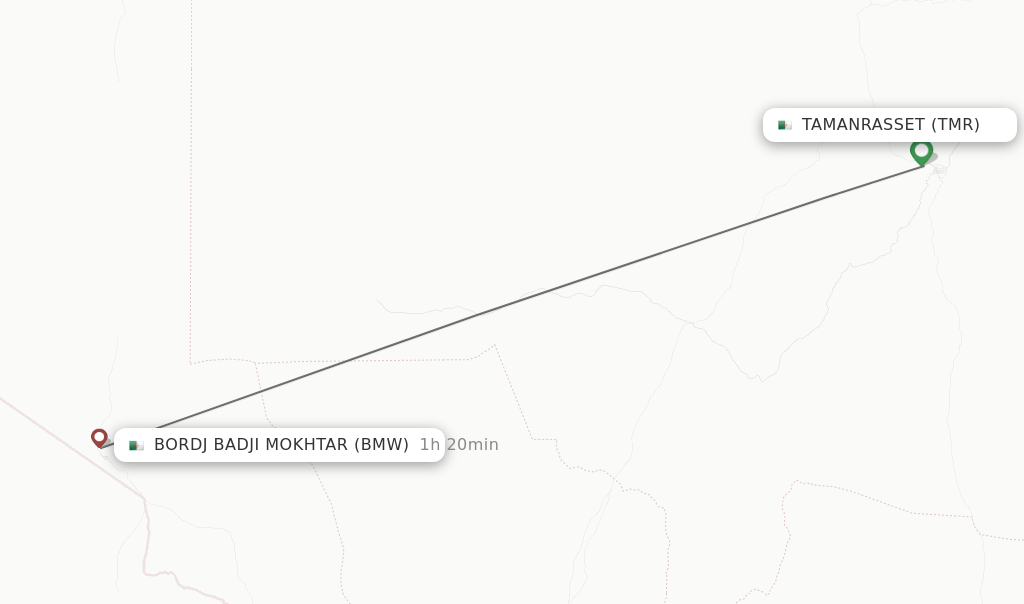 Flights from Tamanrasset to Bordj Badji Mokhtar route map