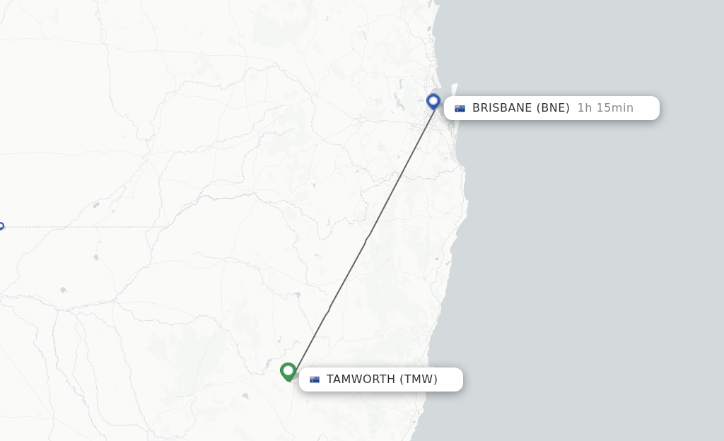 Flights from Tamworth to Brisbane route map