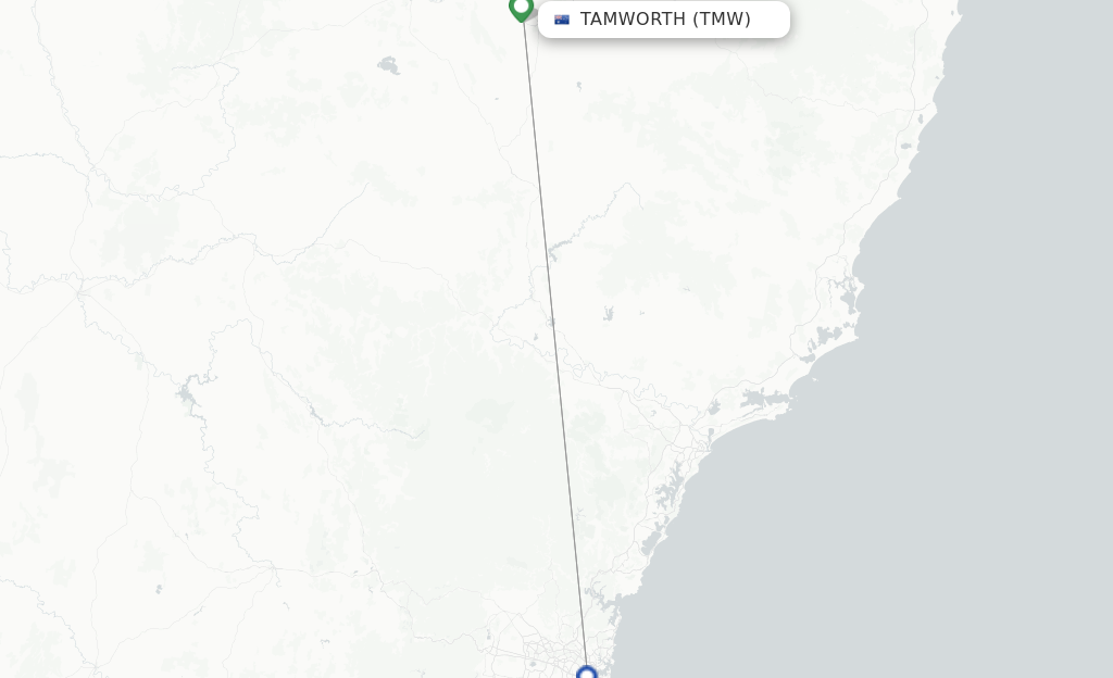Route map with flights from Tamworth with Qantas