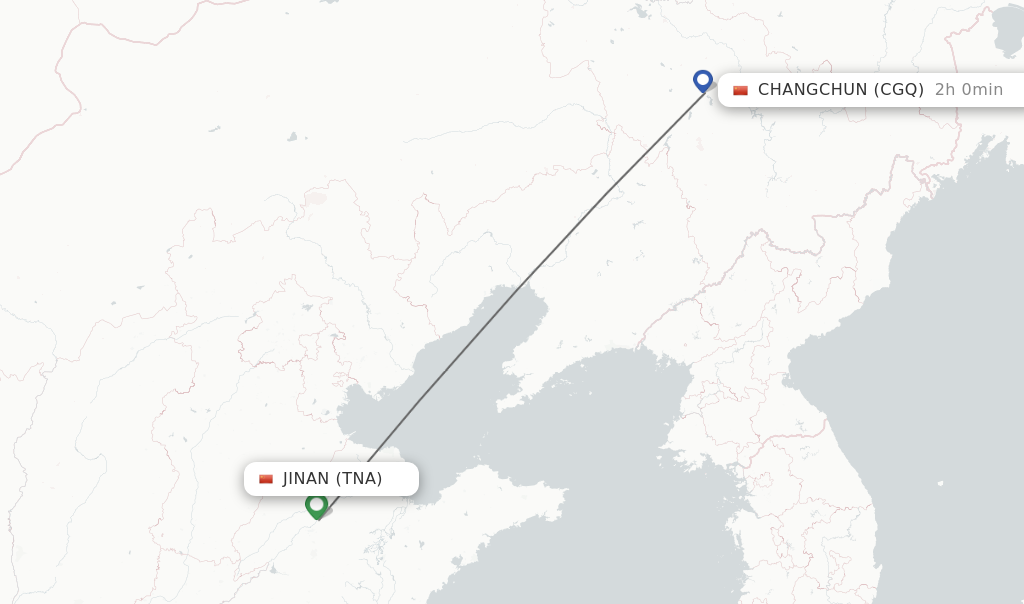 Flights from Jinan to Changchun route map