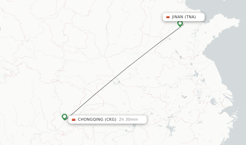 Flights from Jinan to Chongqing route map