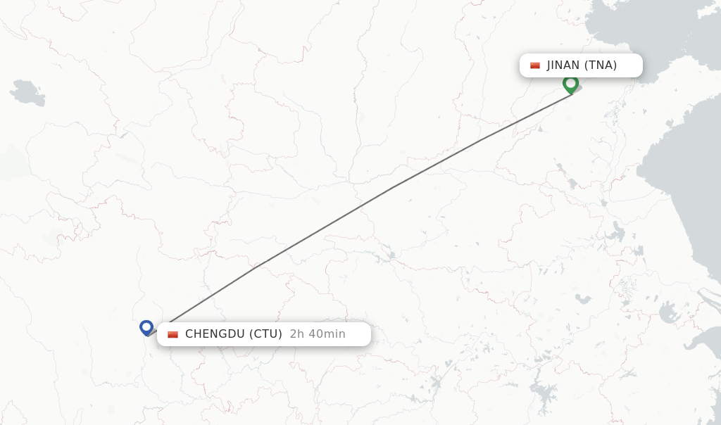 Flights from Jinan to Chengdu route map