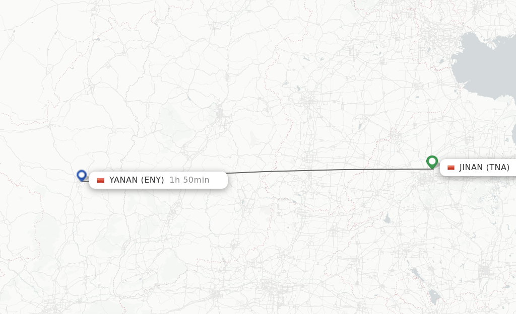 Flights from Jinan to Yan'an route map