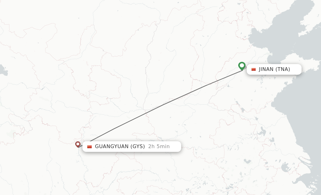 Flights from Jinan to Guangyuan route map