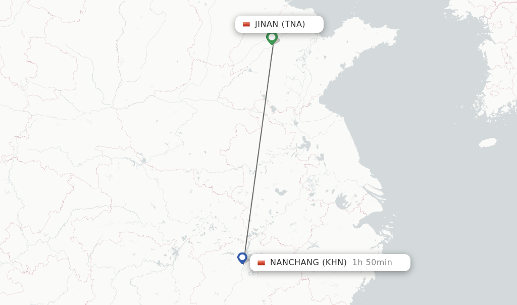 Flights from Jinan to Nanchang route map