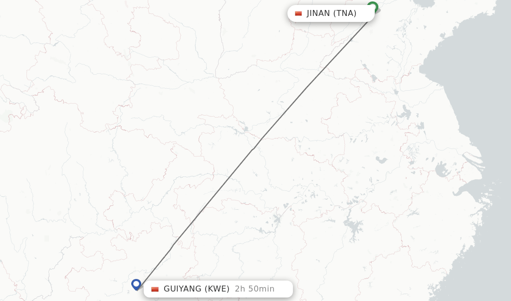 Flights from Jinan to Guiyang route map