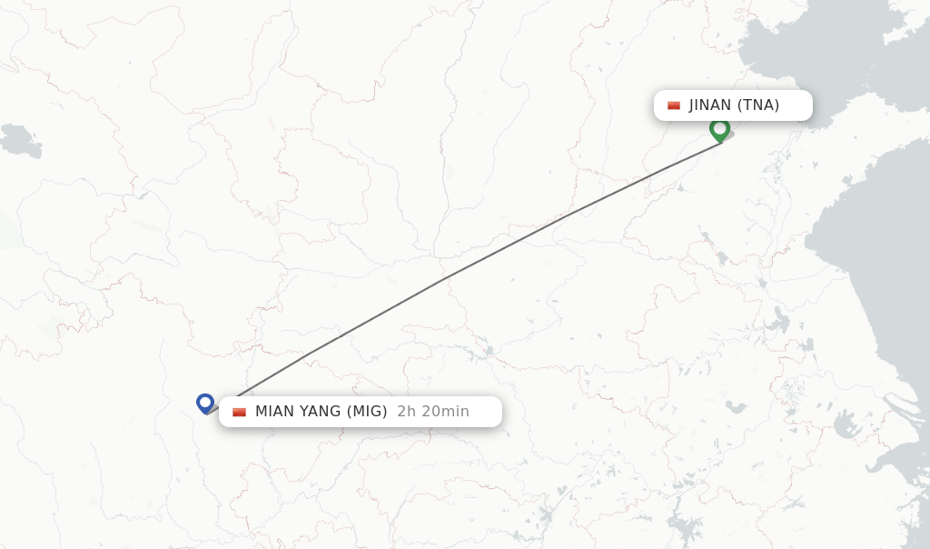Flights from Jinan to Mian Yang route map