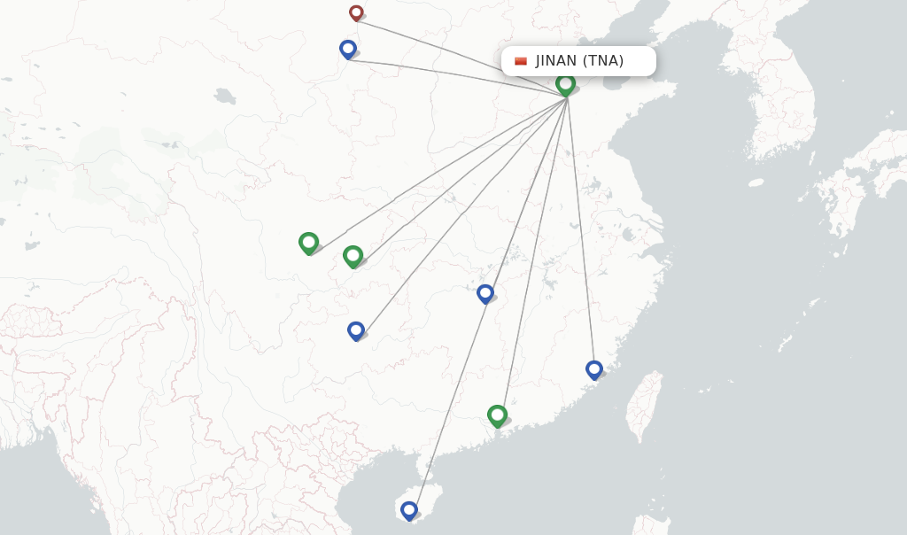 Route map with flights from Jinan with West Air (China)