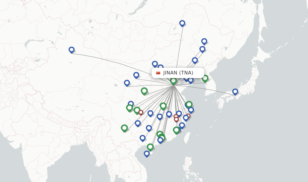 Route map with flights from Jinan with Shandong Airlines