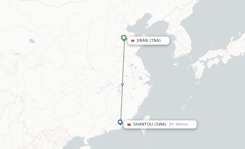 Flights from Jinan to Jieyang route map