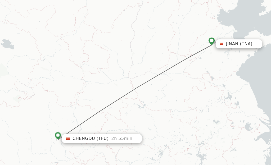 Flights from Jinan to Chengdu route map