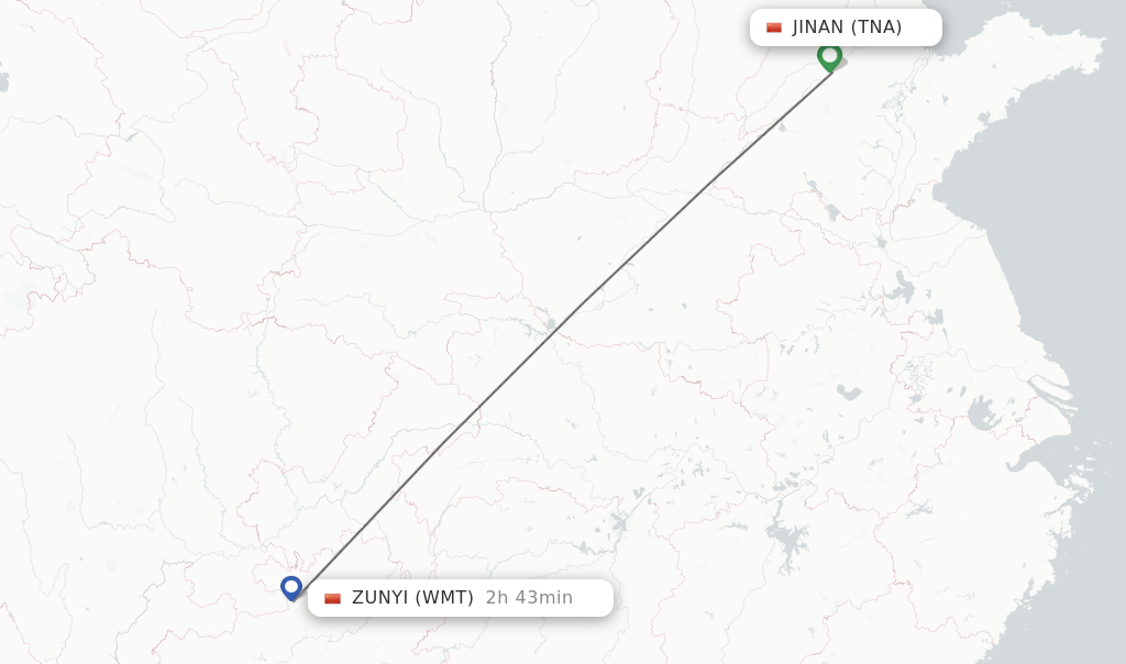 Flights from Jinan to Zunyi route map
