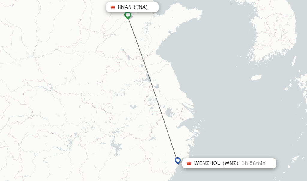 Flights from Jinan to Wenzhou route map