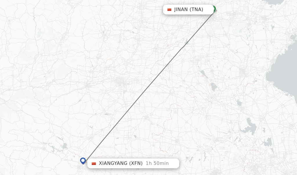 Flights from Jinan to Xiangyang route map