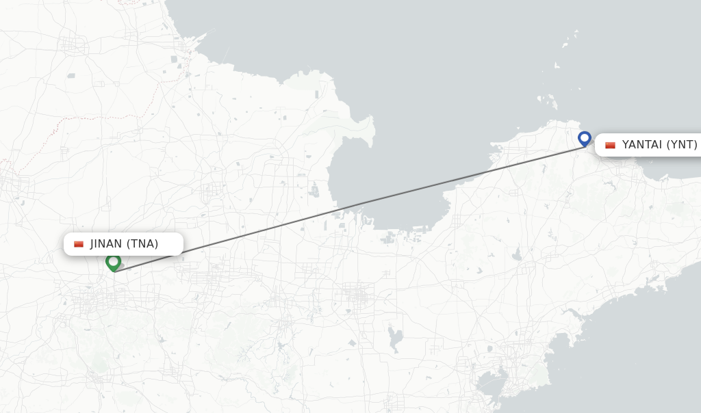 Flights from Jinan to Yantai route map