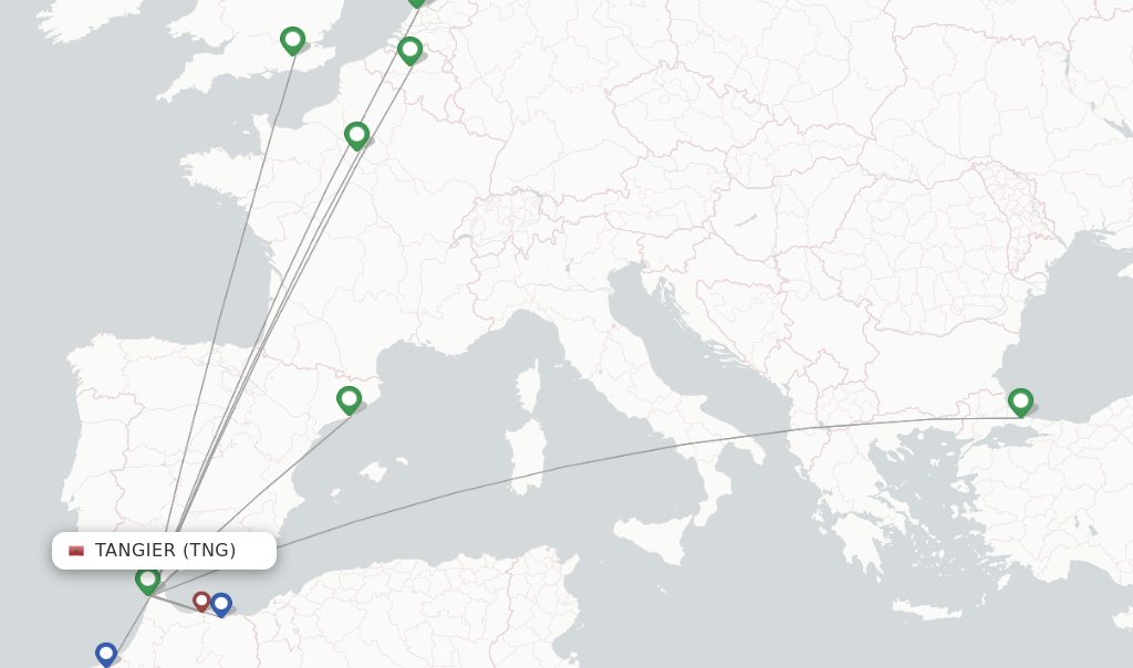 Route map with flights from Tangier with Royal Air Maroc