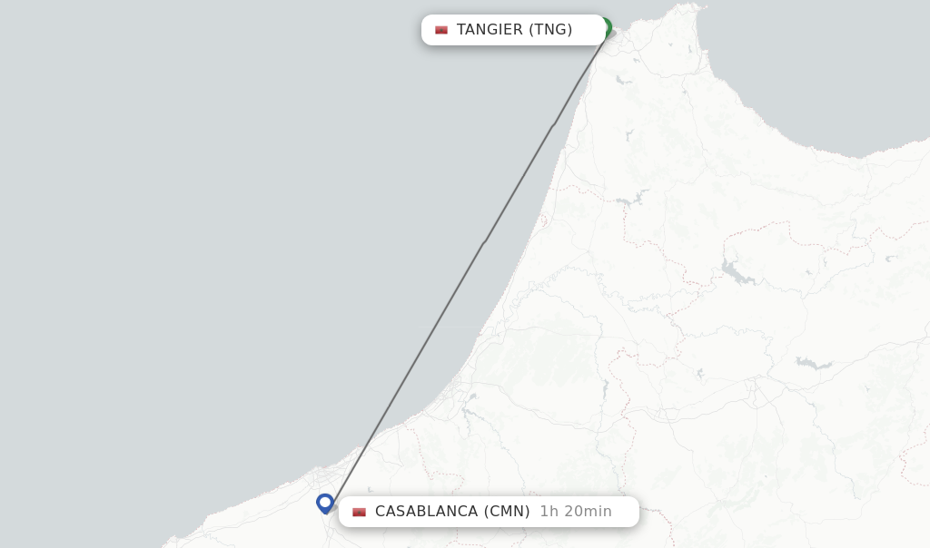 Flights from Tangier to Casablanca route map