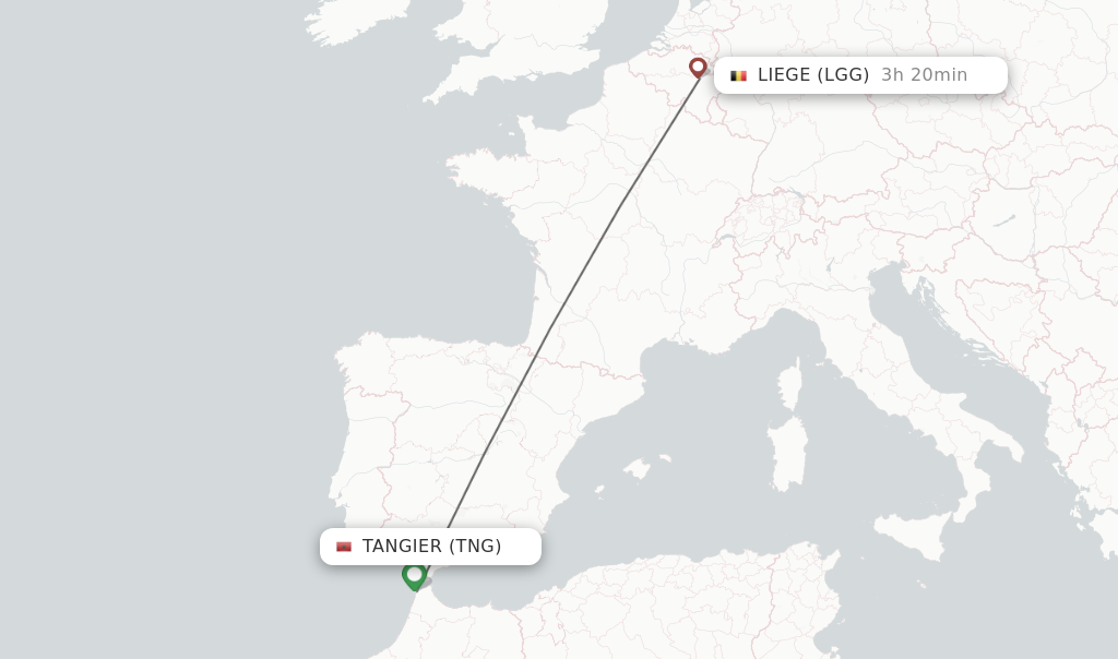 Flights from Tangier to Liege route map
