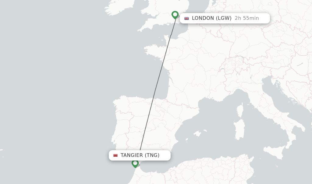 Flights from Tangier to London route map