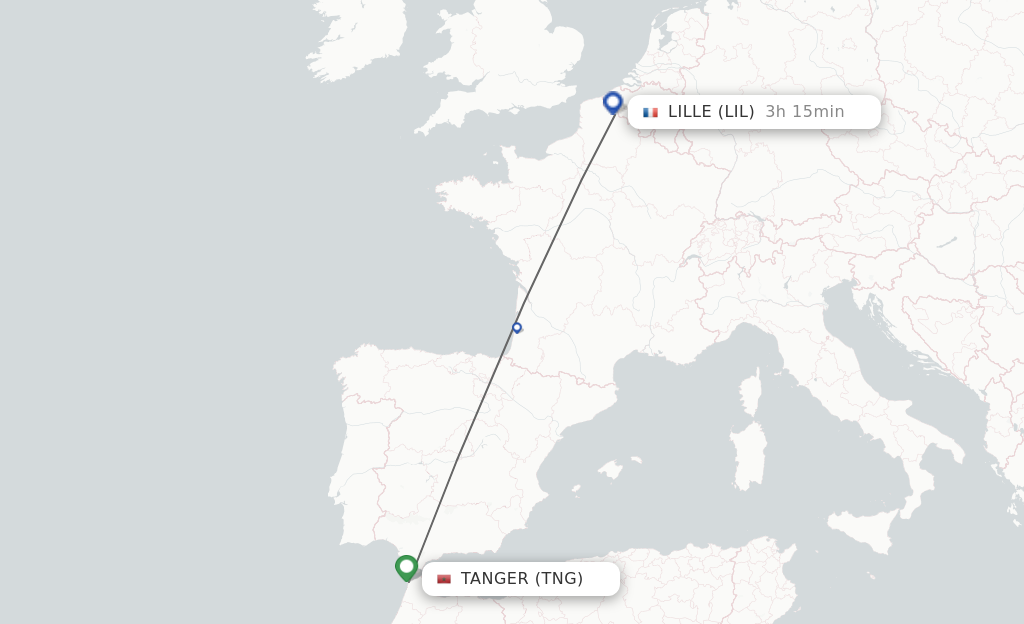 Flights from Lille to Tangier route map