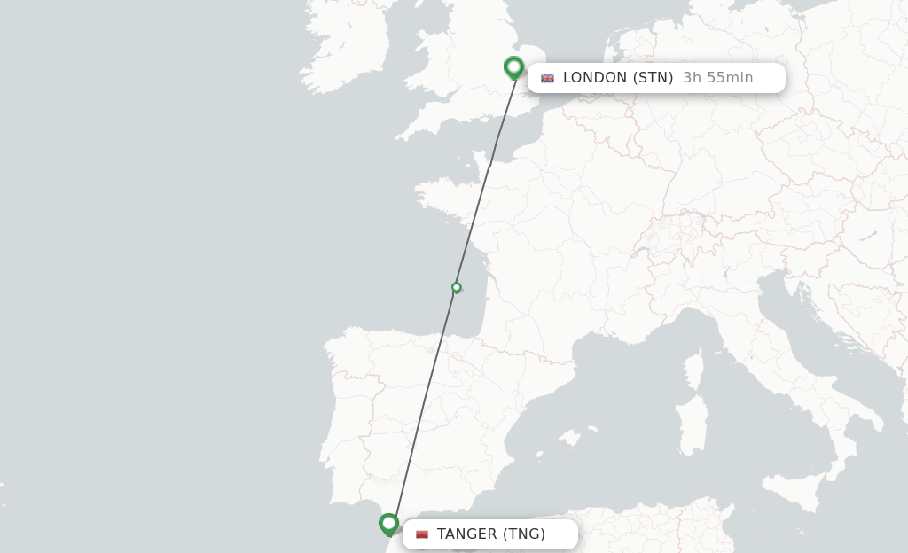 Flights from Tangier to London route map