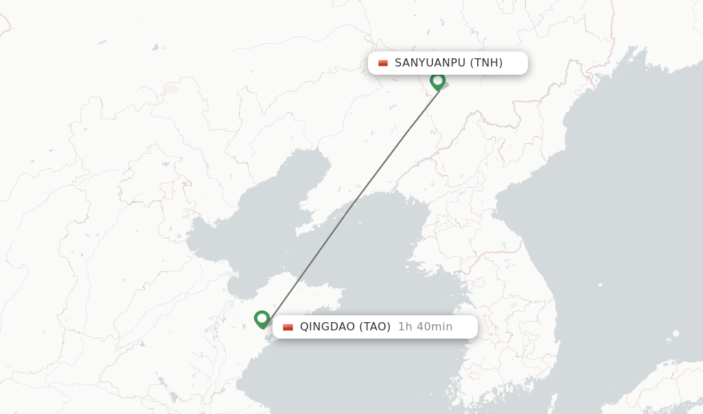 Flights from Sanyuanpu to Qingdao route map
