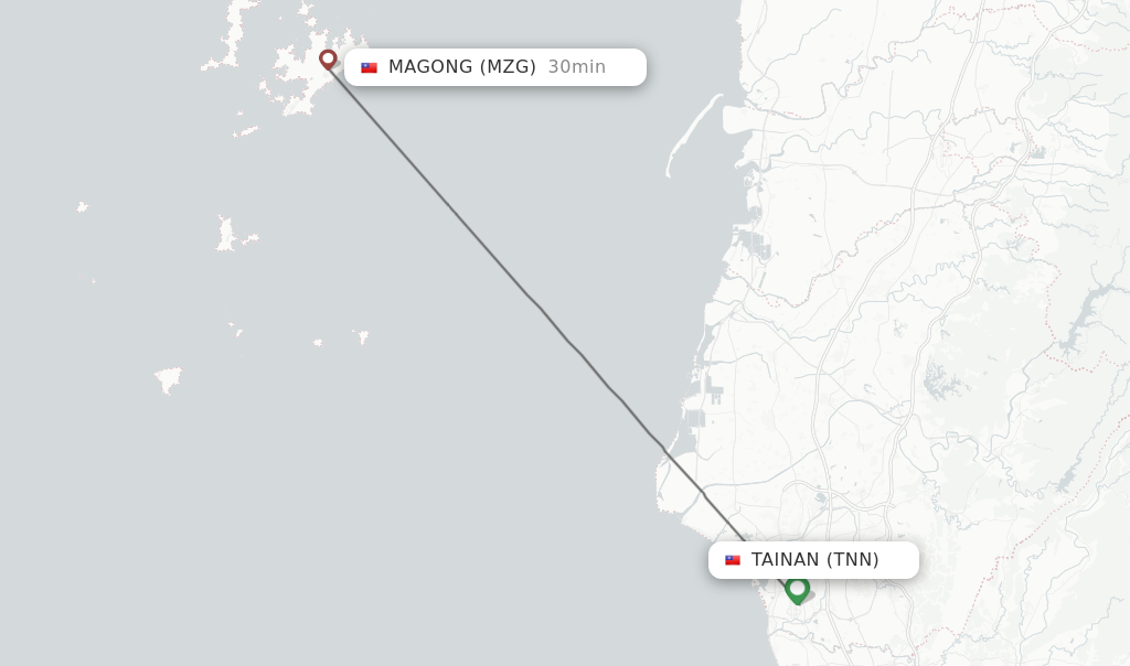 Flights from Tainan to Magong route map