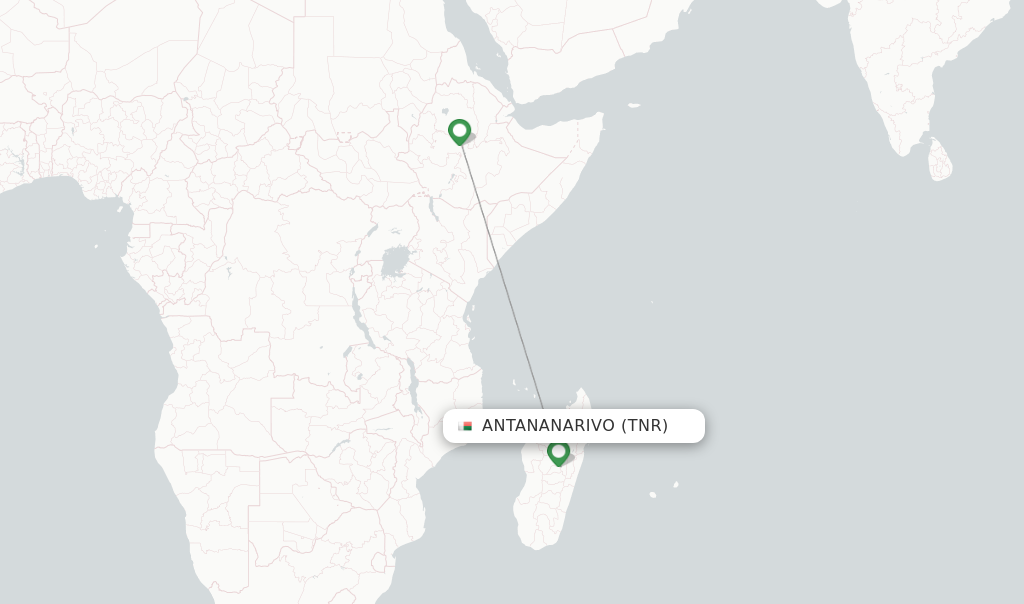 Route map with flights from Antananarivo with Ethiopian