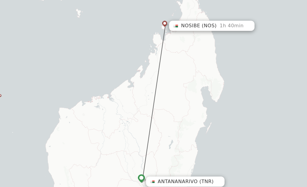 Flights from Antananarivo to Nosibe route map