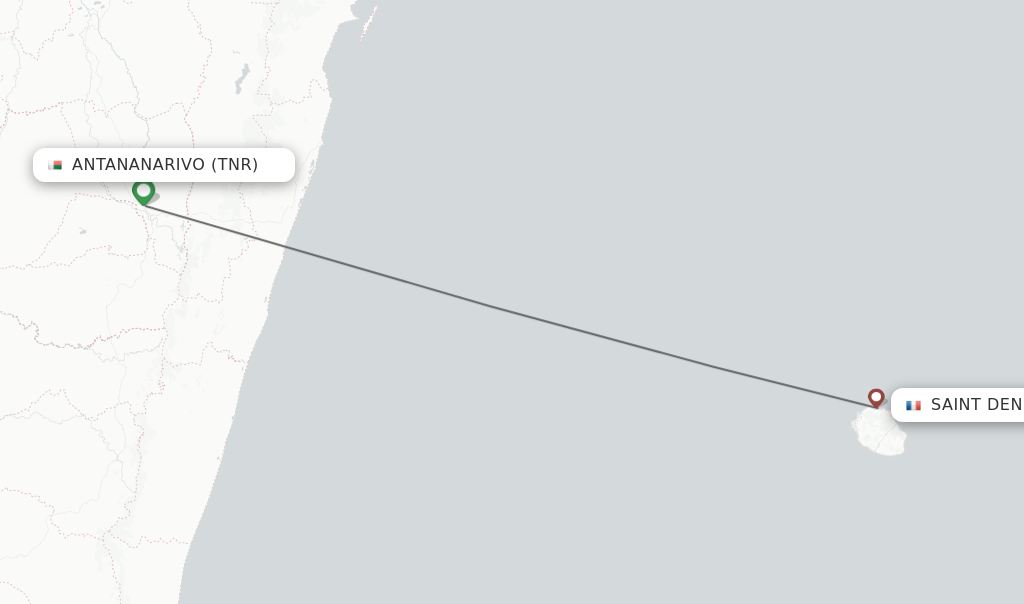 Flights from Antananarivo to Saint Denis de la Reunion route map