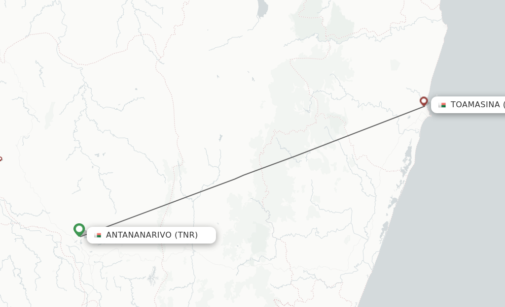 Flights from Antananarivo to Toamasina route map