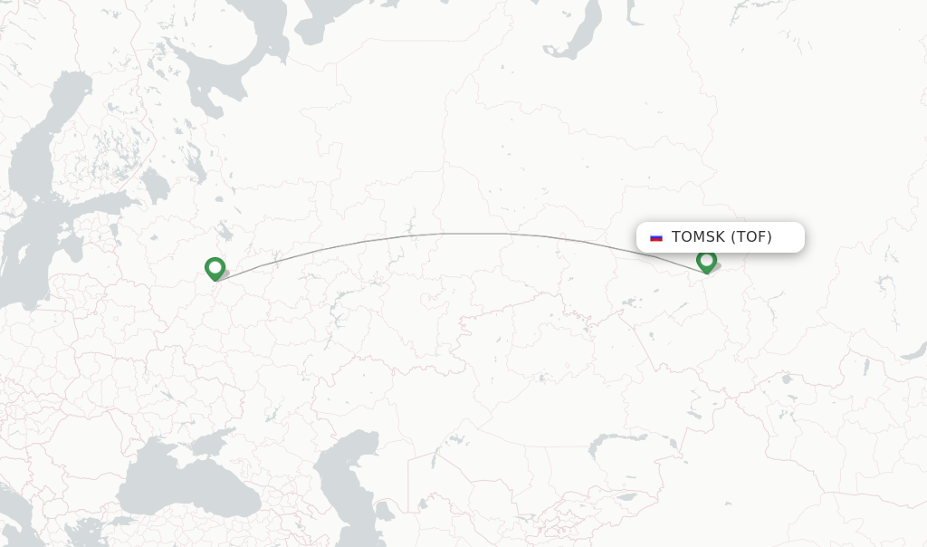 Route map with flights from Tomsk with Aeroflot
