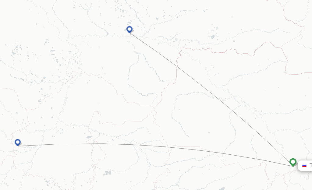 Route map with flights from Tomsk with UTair
