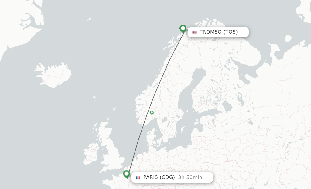 Flights from Tromso to Paris route map