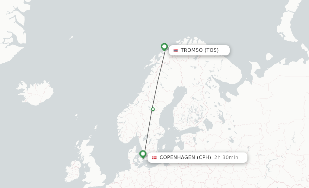 Flights from Tromso to Copenhagen route map