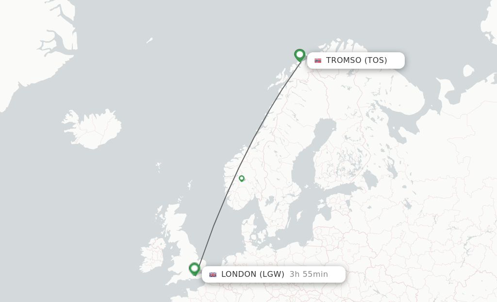 Flights from Tromso to London route map
