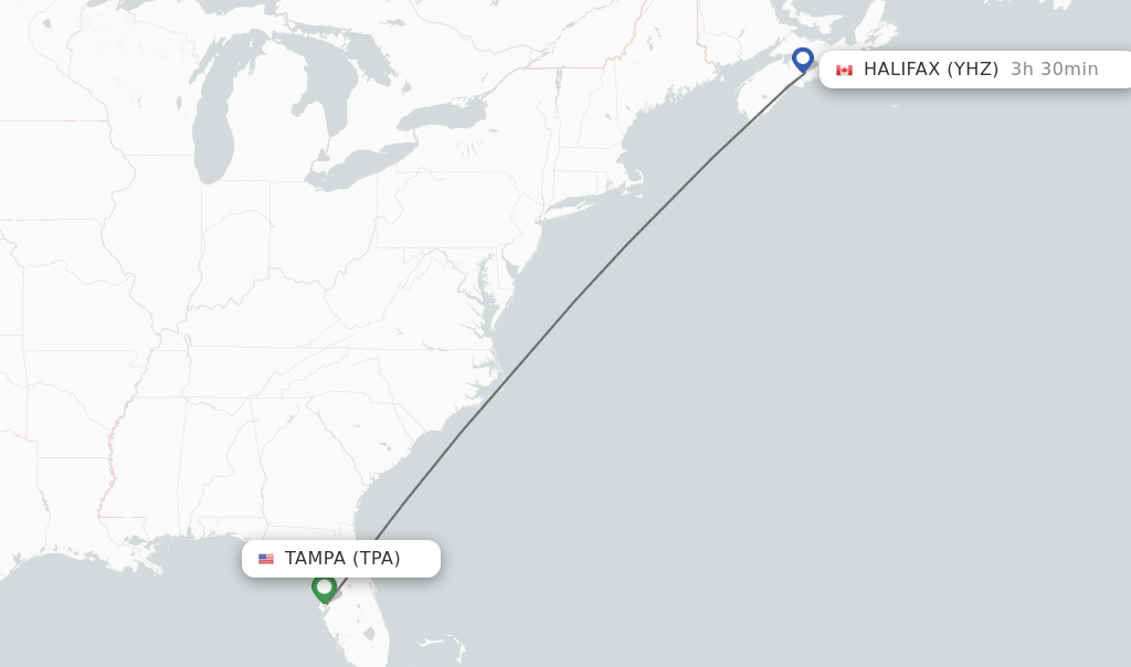 Flights from Tampa to Halifax route map