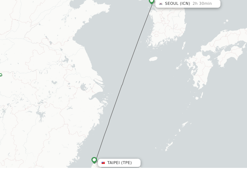 Flights from Taipei to Seoul route map