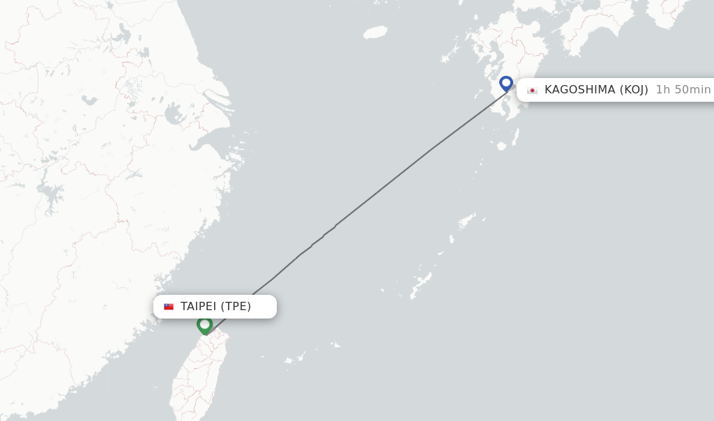 Flights from Taipei to Kagoshima route map