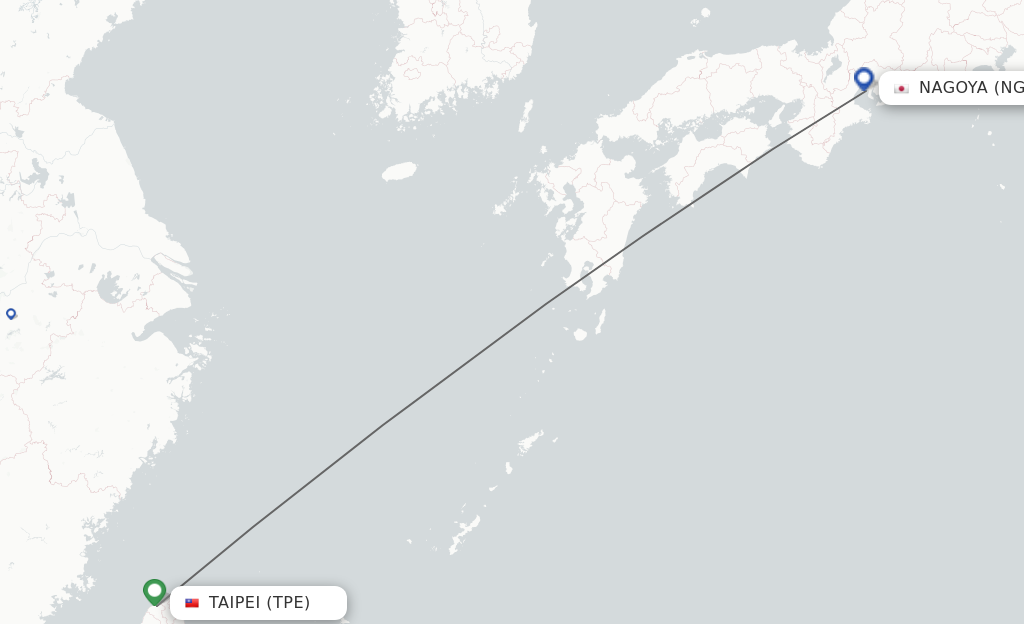Flights from Taipei to Nagoya route map